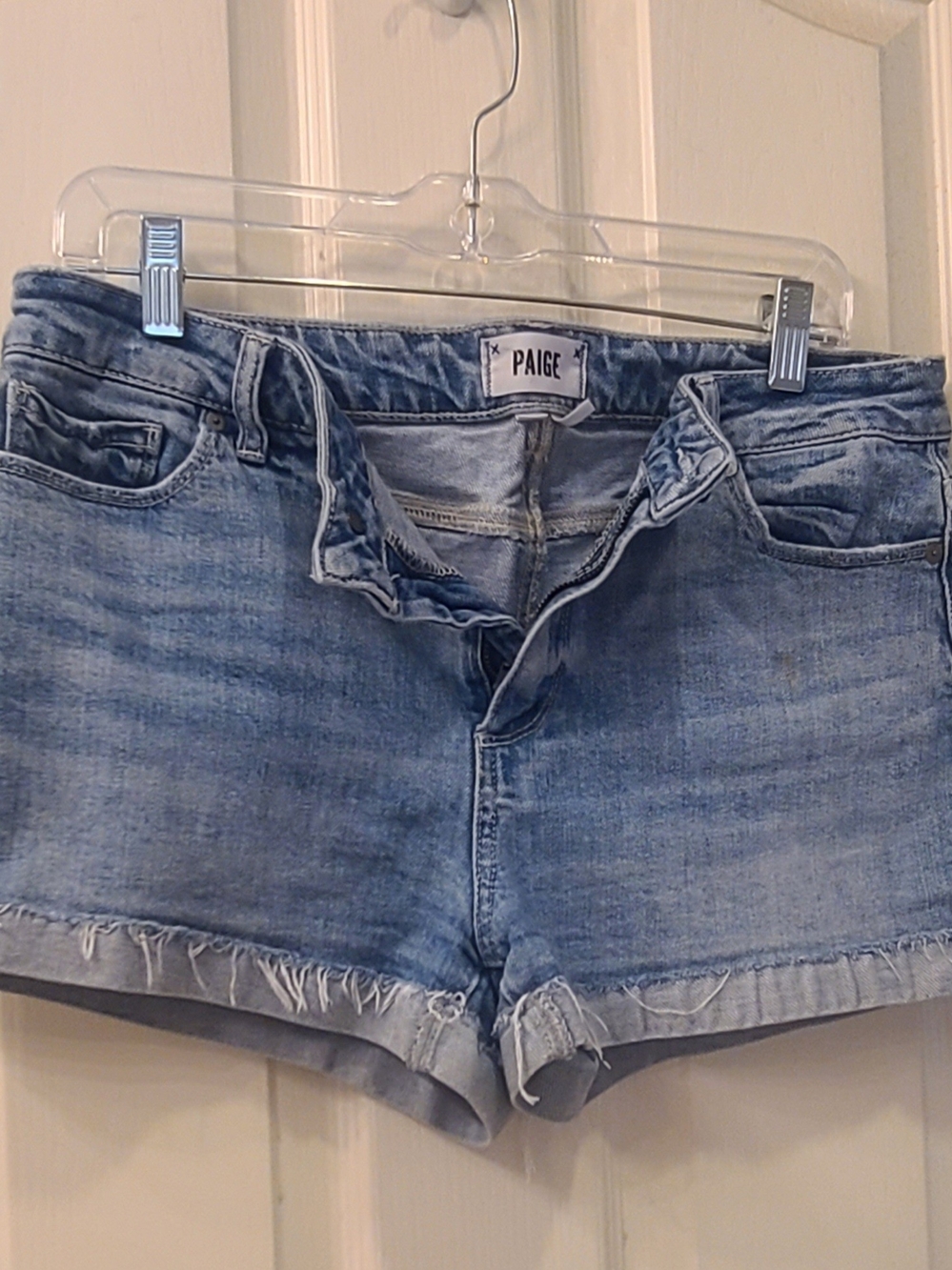 PAIGE Light Wash Denim Cutoff Shorts